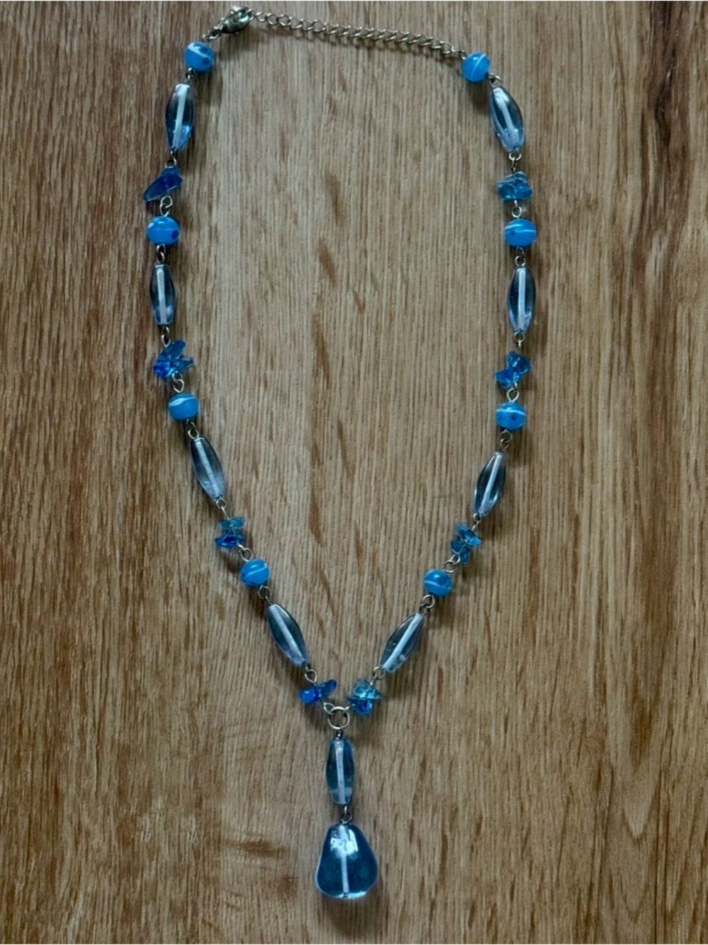Icy Blue Glass Beaded Teardrop Necklace Y2K Mermaidcore Boho 22”